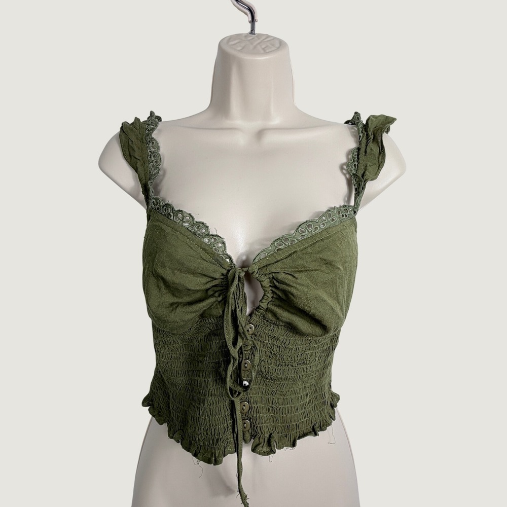 O.Vianca Crop Top Size S Olive Green Smocked Eyelet Lace Boho Cottagecore Tank